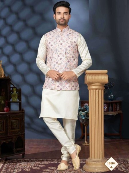 Men s Wear Silk Mastani Kurta with  Heavy Cotton Digital Print Koti  Mens Wear