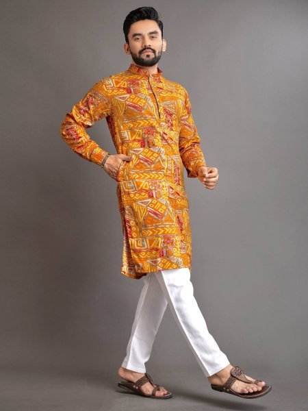 Mens Ethnic Cotton Kurta Set with Printed Work Ready to Wear