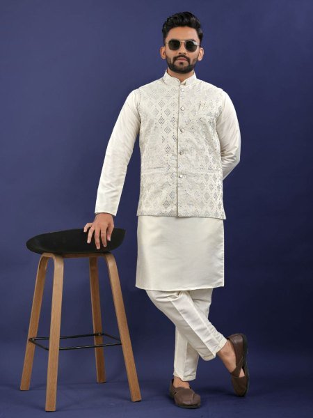 Mens Pure Silk Jacket Kurta Pajama Set Stylish Sequence Embroidery for Special Occasions 
