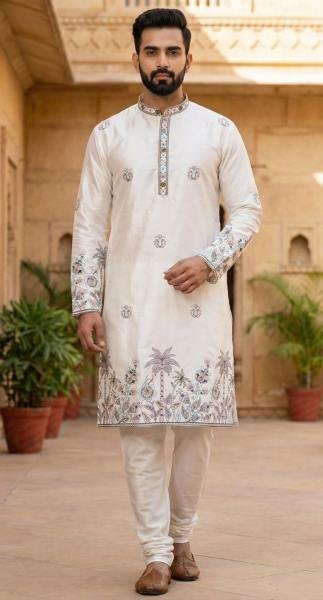 Mens White Embroidered Daman Kurta with Payjama At Wholesale Rates Kurta Pajama Wholesale
