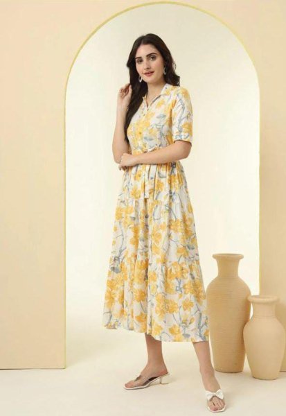 Mesmerizing Yellow Rayon Long Kurti with Floral Print for Office Wear at Manufacturer Rate Western Ladies Top Wholesale