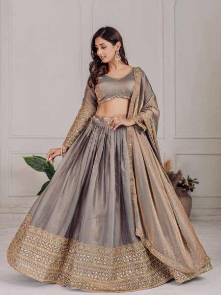 Metallic Grey   Antique Gold Designer Fendi Lehenga Choli New Arrival with Heavy Embroidery Work at Low Price 