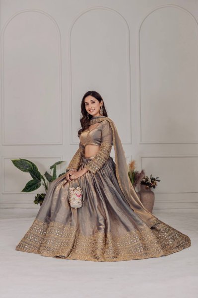 Metallic Grey   Antique Gold Designer Fendi Lehenga Choli New Arrival with Heavy Embroidery Work at Low Price Designer Lehenga Choli