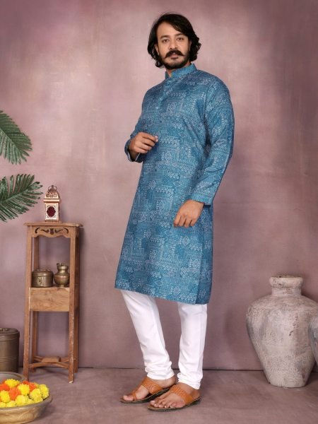  Mid Blue Premium Cotton Sequence Work Mens Kurta Pyjama Royal Wedding Wear 