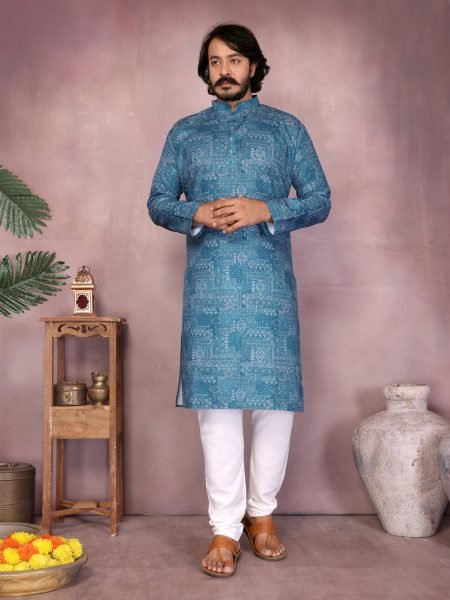  Mid Blue Premium Cotton Sequence Work Mens Kurta Pyjama Royal Wedding Wear Kurta Pajama Wholesale