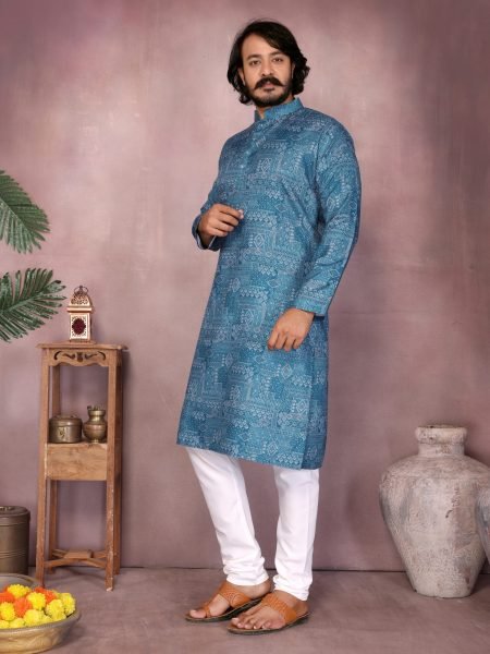  Mid Blue Premium Cotton Sequence Work Mens Kurta Pyjama Royal Wedding Wear Kurta Pajama Wholesale