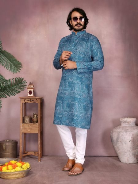  Mid Blue Premium Cotton Sequence Work Mens Kurta Pyjama Royal Wedding Wear Kurta Pajama Wholesale