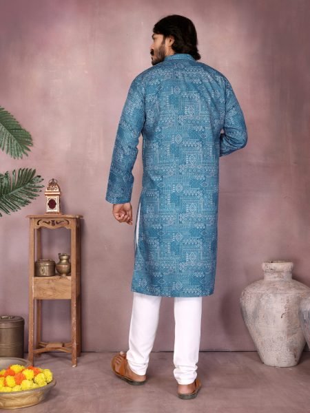  Mid Blue Premium Cotton Sequence Work Mens Kurta Pyjama Royal Wedding Wear Kurta Pajama Wholesale