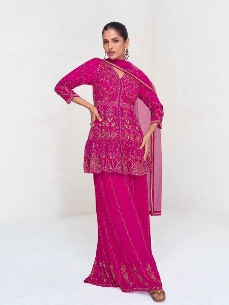 Pakistani Style Hot Pink Georgette Embroidered Suit with Lace Dupatta A Festive Favorite 