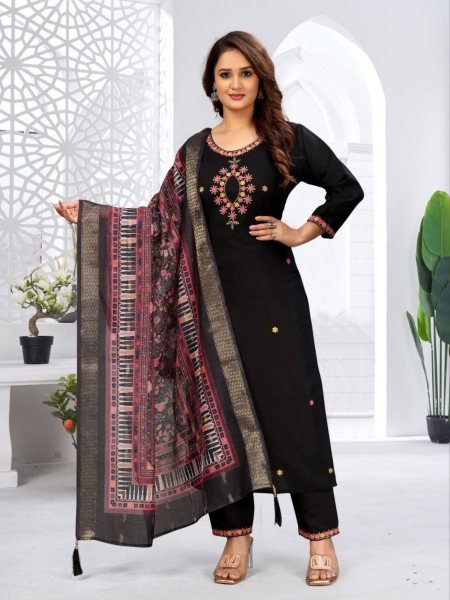 midnight black viscose kurti set with jacquard dupatta elegant 3pc festive wear 