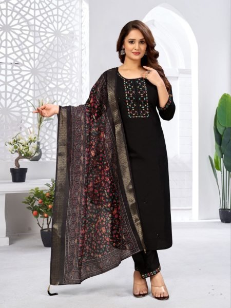 midnight black viscose kurti set with jacquard dupatta elegant 3pc festive wear 3 Piece Kurti Set