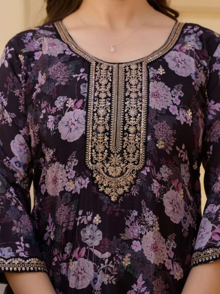 Midnight Charm Black Chinon Embroidered Suit Set with Floral Print & Dupatta  Straight Cut Long Kurtis