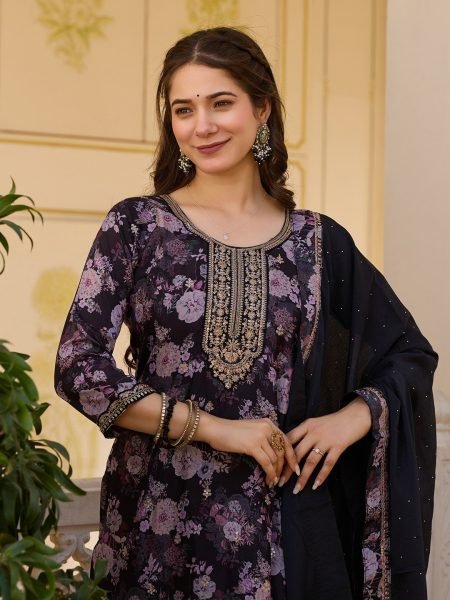 Midnight Charm Black Chinon Embroidered Suit Set with Floral Print & Dupatta  Straight Cut Long Kurtis