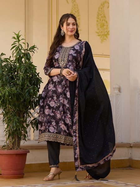 Midnight Charm Black Chinon Embroidered Suit Set with Floral Print & Dupatta  Straight Cut Long Kurtis