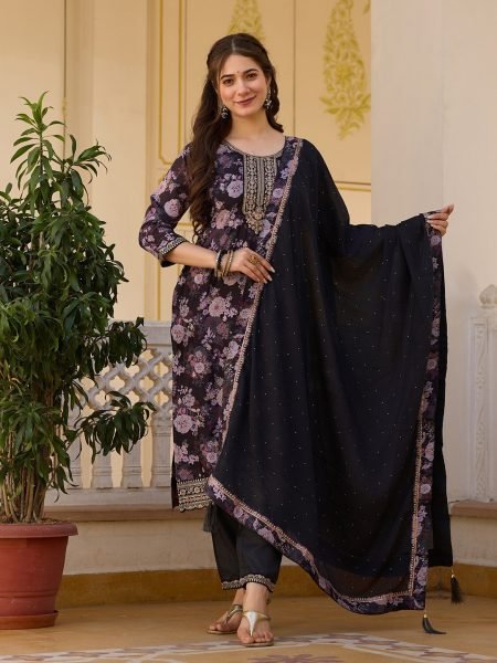 Midnight Charm Black Chinon Embroidered Suit Set with Floral Print & Dupatta  Straight Cut Long Kurtis