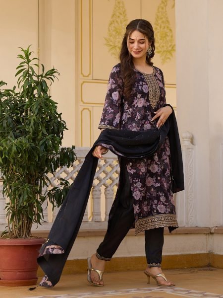 Midnight Charm Black Chinon Embroidered Suit Set with Floral Print & Dupatta  Straight Cut Long Kurtis