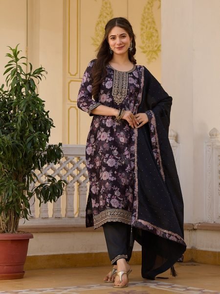Midnight Charm Black Chinon Embroidered Suit Set with Floral Print & Dupatta  Straight Cut Long Kurtis