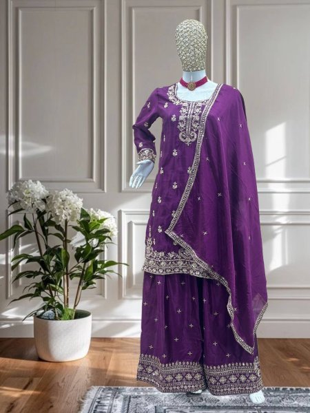 Midnight Plum Chinon Kurti Plazo Set with Sequin Work For Parties Wear Ready To Wear Collection