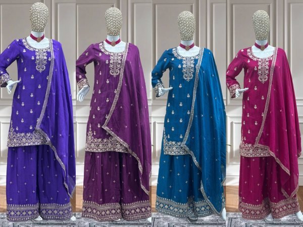 Midnight Plum Chinon Kurti Plazo Set with Sequin Work For Parties Wear Ready To Wear Collection