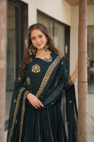 Midnight Teal Luxe Faux Blooming Gown with Heavy Sequins & Zari Border Ideal for Sangeet  Anarkali Kurtis 