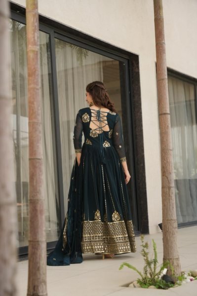 Midnight Teal Luxe Faux Blooming Gown with Heavy Sequins & Zari Border Ideal for Sangeet  Anarkali Kurtis 