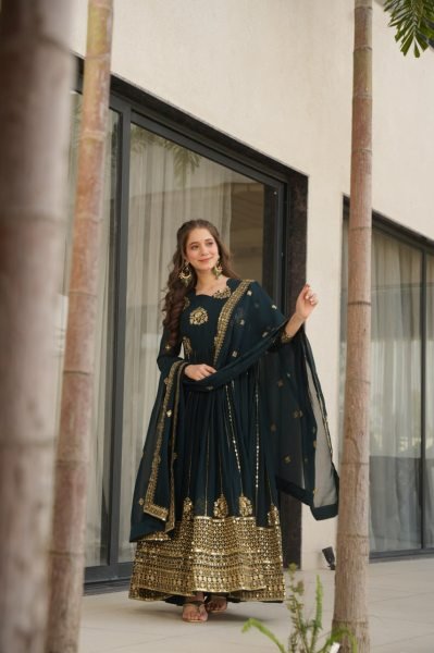 Midnight Teal Luxe Faux Blooming Gown with Heavy Sequins & Zari Border Ideal for Sangeet  Anarkali Kurtis 