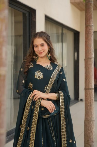 Midnight Teal Luxe Faux Blooming Gown with Heavy Sequins & Zari Border Ideal for Sangeet  Anarkali Kurtis 