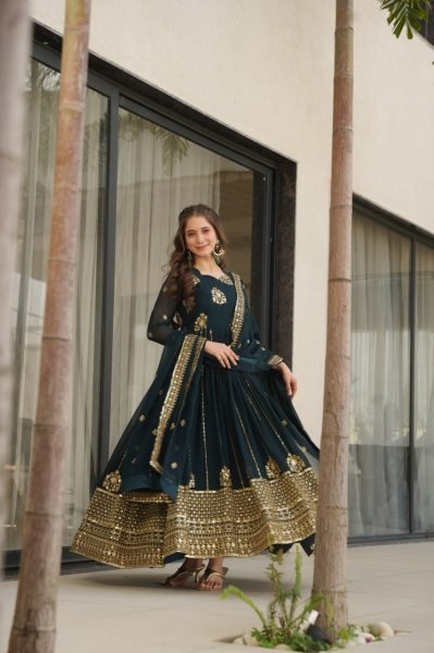 Midnight Teal Luxe Faux Blooming Gown with Heavy Sequins & Zari Border Ideal for Sangeet  Anarkali Kurtis 