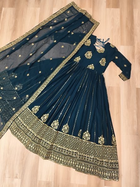 Midnight Teal Luxe Faux Blooming Gown with Heavy Sequins & Zari Border Ideal for Sangeet  Anarkali Kurtis 