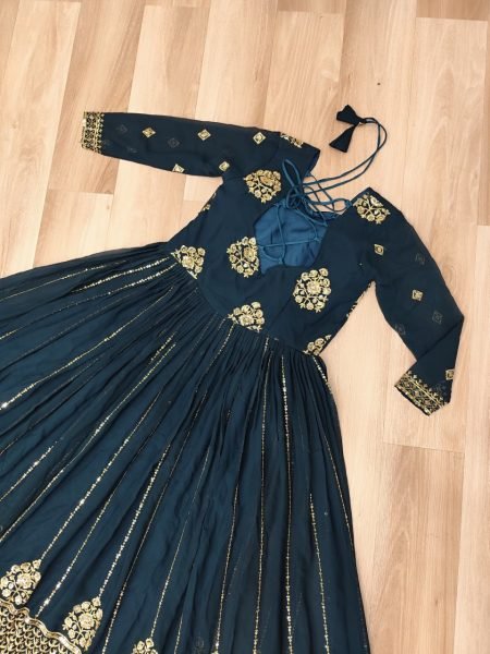 Midnight Teal Luxe Faux Blooming Gown with Heavy Sequins & Zari Border Ideal for Sangeet  Anarkali Kurtis 