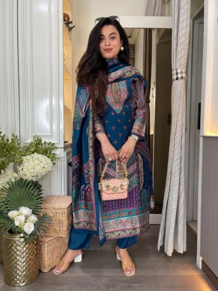 Minimalist Blue Ready to Wear Chanderi Suit Set with Dupatta for Office Wear  Straight Cut Long Kurtis