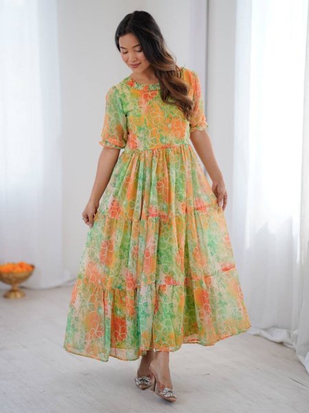 Minimalist Digital  Printed Fox Georgette Layered Flair Maxi Gown with 6  Mtr Flair for Party Wear Georgette Kurti 