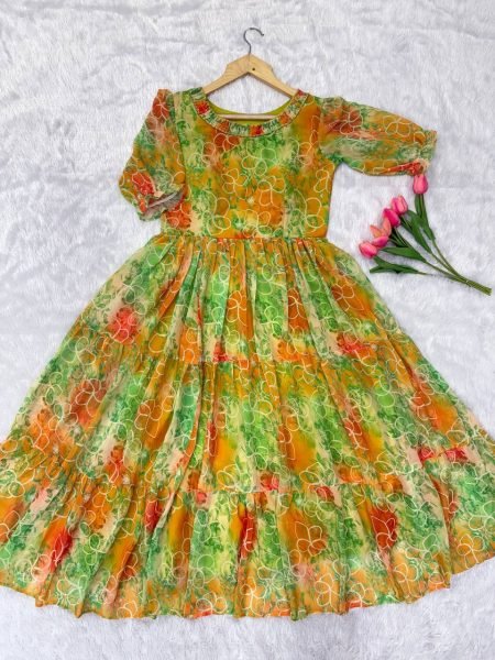 Minimalist Digital  Printed Fox Georgette Layered Flair Maxi Gown with 6  Mtr Flair for Party Wear Georgette Kurti 