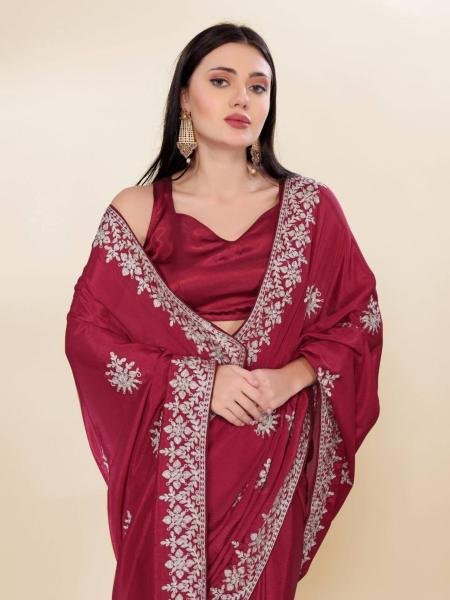 Minimalist Party Wear Chinon Silk Saree With Embroidered Design Bollywood Fancy Sarees Wholesale