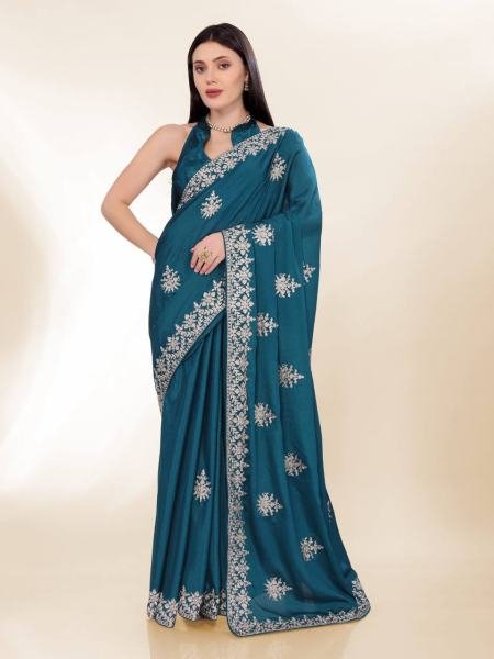 Minimalist Party Wear Chinon Silk Saree With Embroidered Design Bollywood Fancy Sarees Wholesale