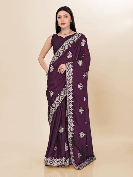 Minimalist Party Wear Chinon Silk Saree With Embroidered Design Bollywood Fancy Sarees Wholesale