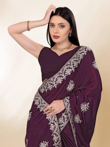 Minimalist Party Wear Chinon Silk Saree With Embroidered Design Bollywood Fancy Sarees Wholesale