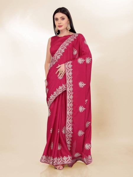 Minimalist Party Wear Chinon Silk Saree With Embroidered Design Bollywood Fancy Sarees Wholesale