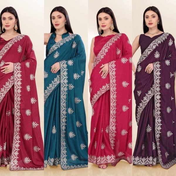 Minimalist Party Wear Chinon Silk Saree With Embroidered Design Bollywood Fancy Sarees Wholesale