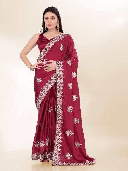 Minimalist Party Wear Chinon Silk Saree With Embroidered Design Bollywood Fancy Sarees Wholesale