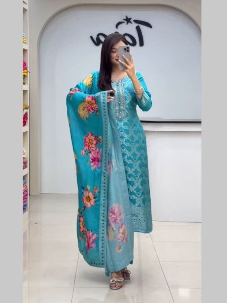 Minimalist Sky Blue Chanderi Silk Jequard Work Kurti with Banarasi Jequard Dupatta for  sophisticated Look 
