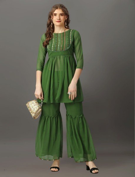 Mirror Work Nack Pattern Georgette Sharara Set Kurti With Bottom Wholesale