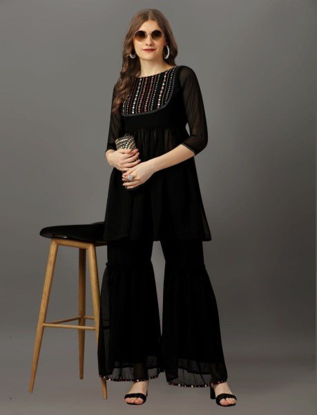 Mirror Work Nack Pattern Georgette Sharara Set Kurti With Bottom Wholesale