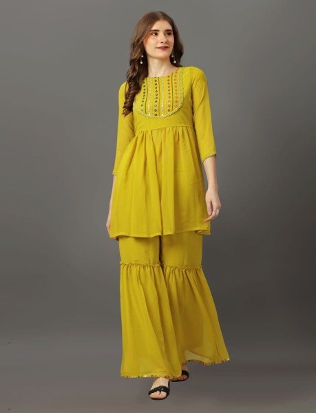 Mirror Work Nack Pattern Georgette Sharara Set Kurti With Bottom Wholesale