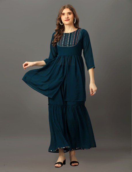 Mirror Work Nack Pattern Georgette Sharara Set Kurti With Bottom Wholesale
