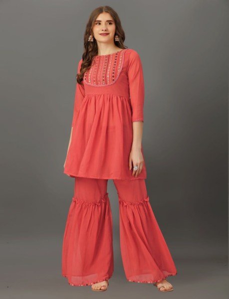 Mirror Work Nack Pattern Georgette Sharara Set Kurti With Bottom Wholesale