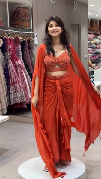 Festive Orange Dhoti Set with Designer Shrug Perfect for Wedding Guests Ready To Wear Collection