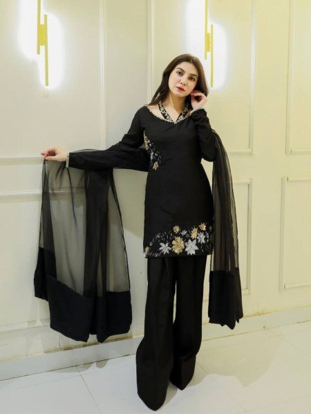 Modern Farshi Black Crepe Suit Elegant Cut   Floral Embroidery    Net Dupatta for Grand Occasions 