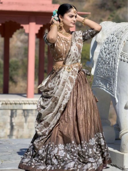 Regal Grace Printed Silk Half Saree Set with Heavy Flare & Traditional Charm Half Saree Lehenga