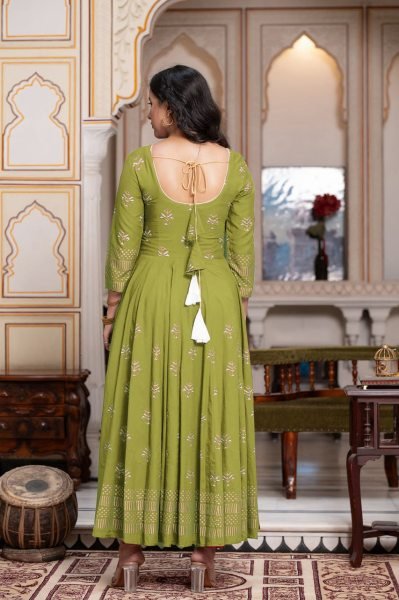 Modern Parrot Green Long Rayon Gown with Foil Print  Anarkali Kurtis 